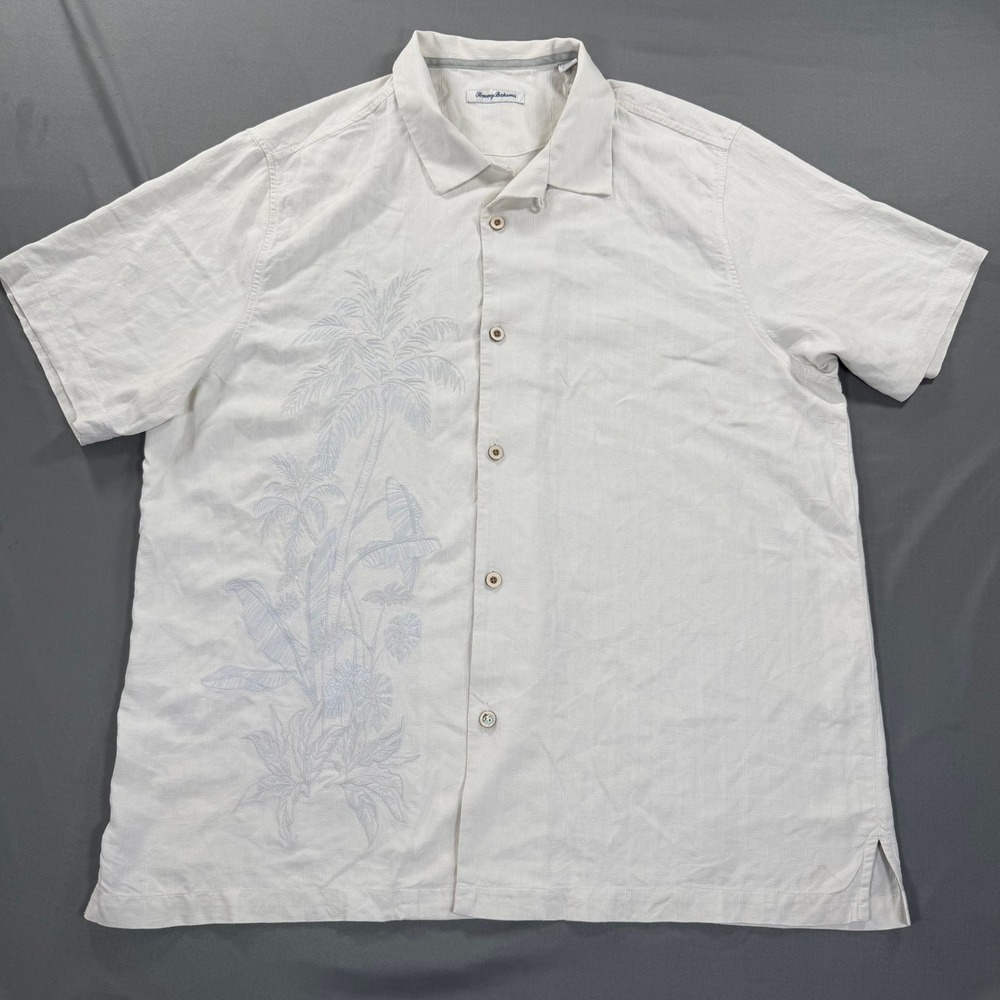 Tommy Bahama Silk Camp Shirt XXL Ivory Palm Tree Embroidered Hawaiian Resort